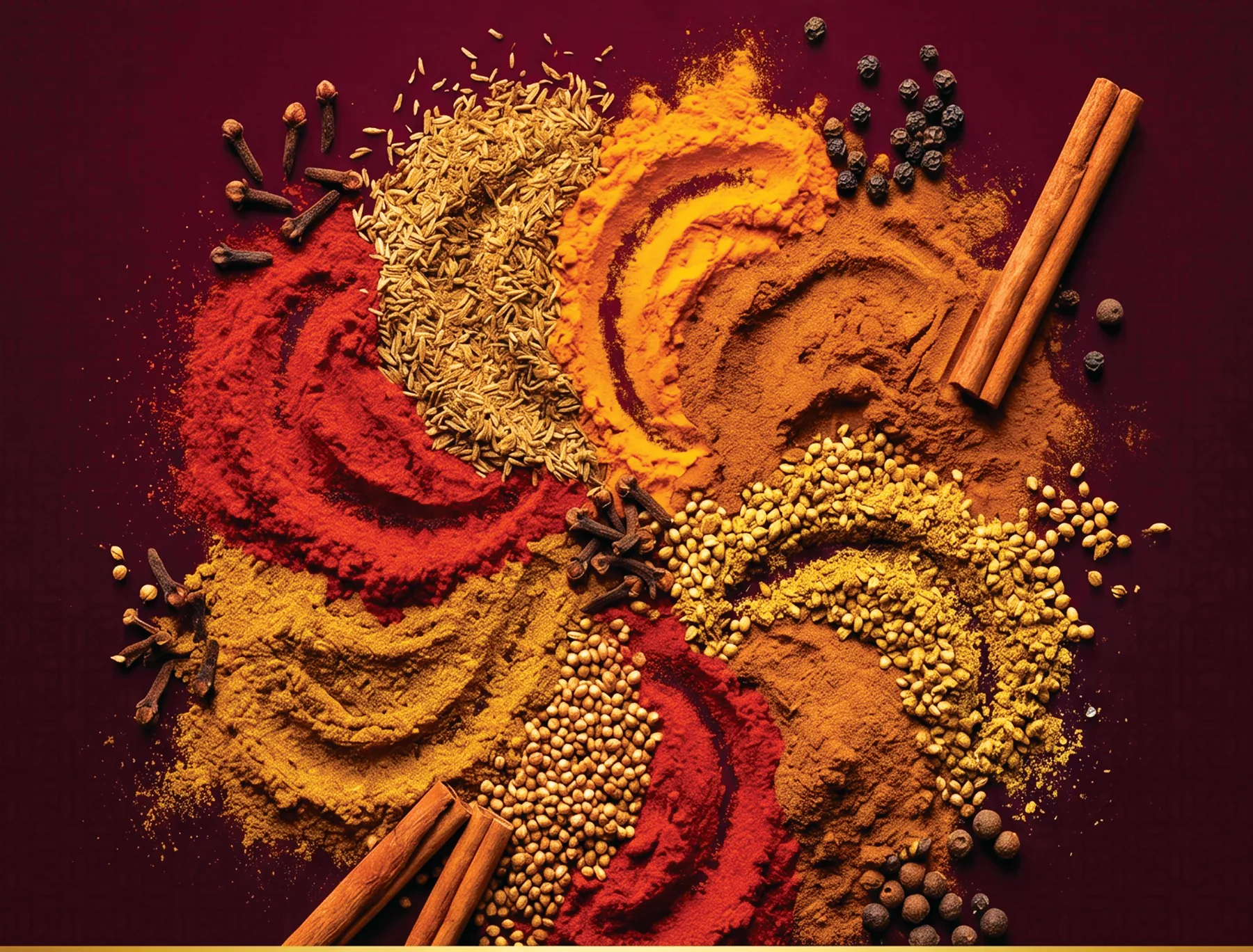 Poudres d'épices disposées en spirale&nbsp;: paprika, cumin, curcuma, cannelle, coriandre, clous de girofle et poivre